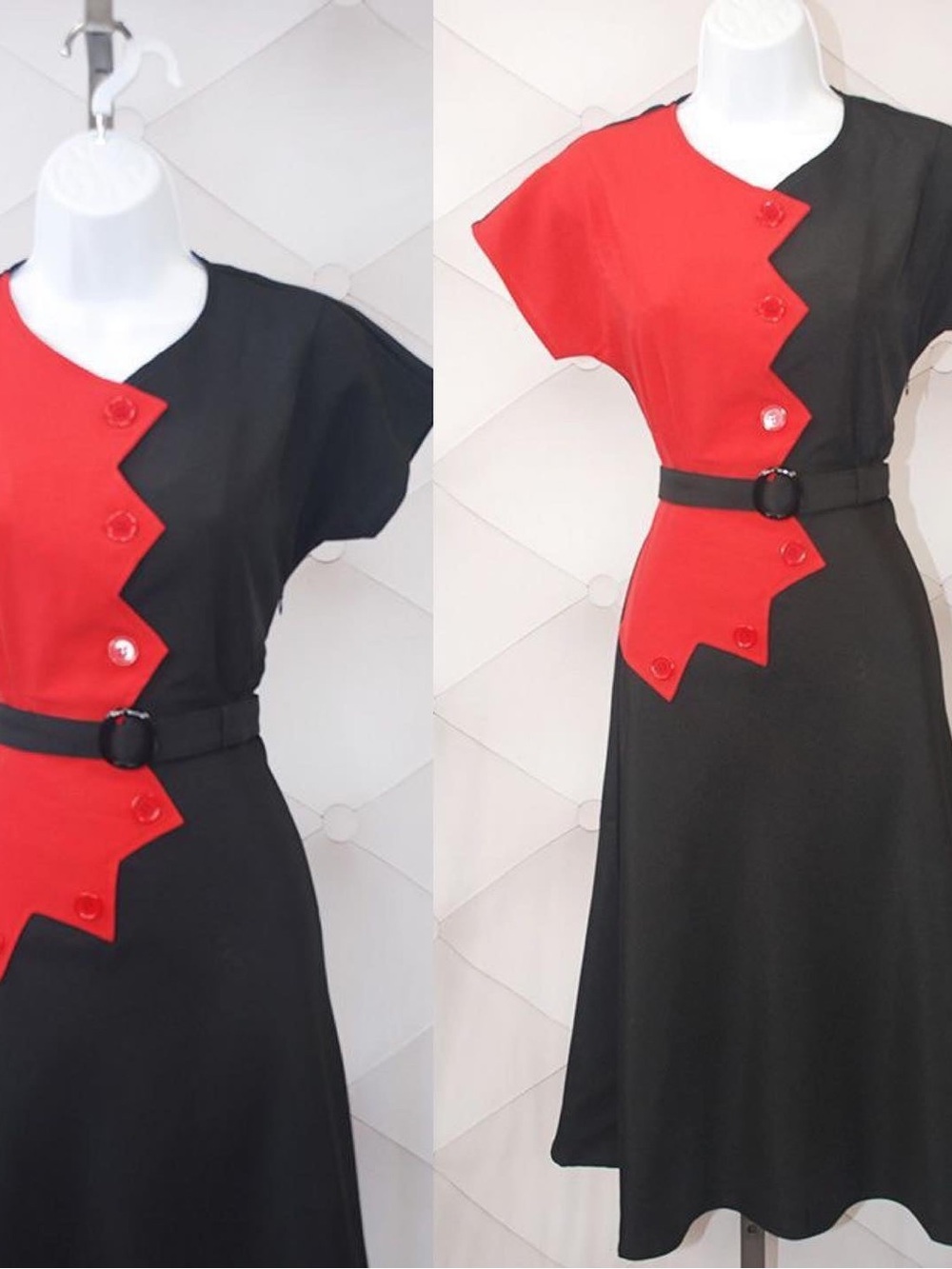 Astro Bettie 1940s Color Block Vintage-Inspired Red & Black Midi Dress with Belt